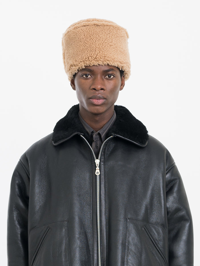 Tan Leather Back Curly Hair Pillbox Hat