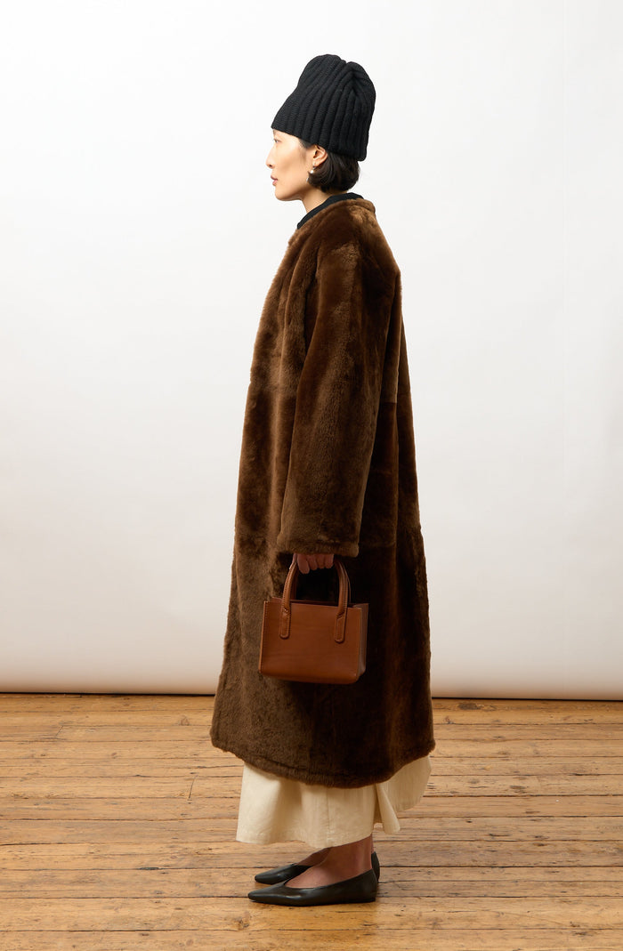 Mila Long Collarless Jacket - Walnut Shearling