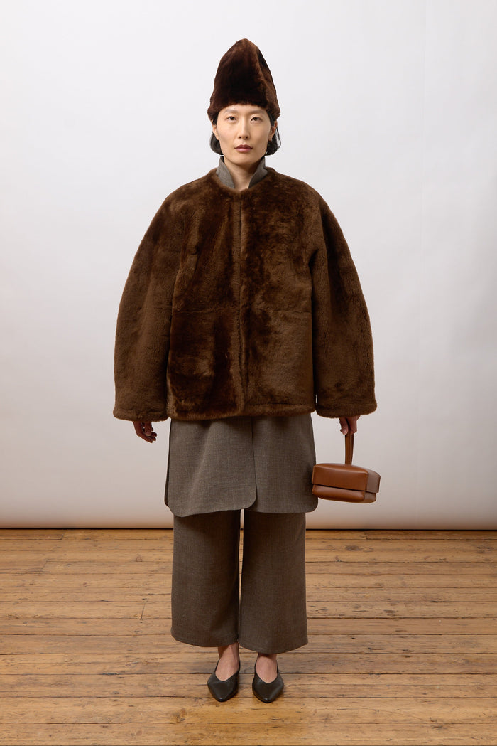 Mila Collarless Jacket - Walnut Shearling