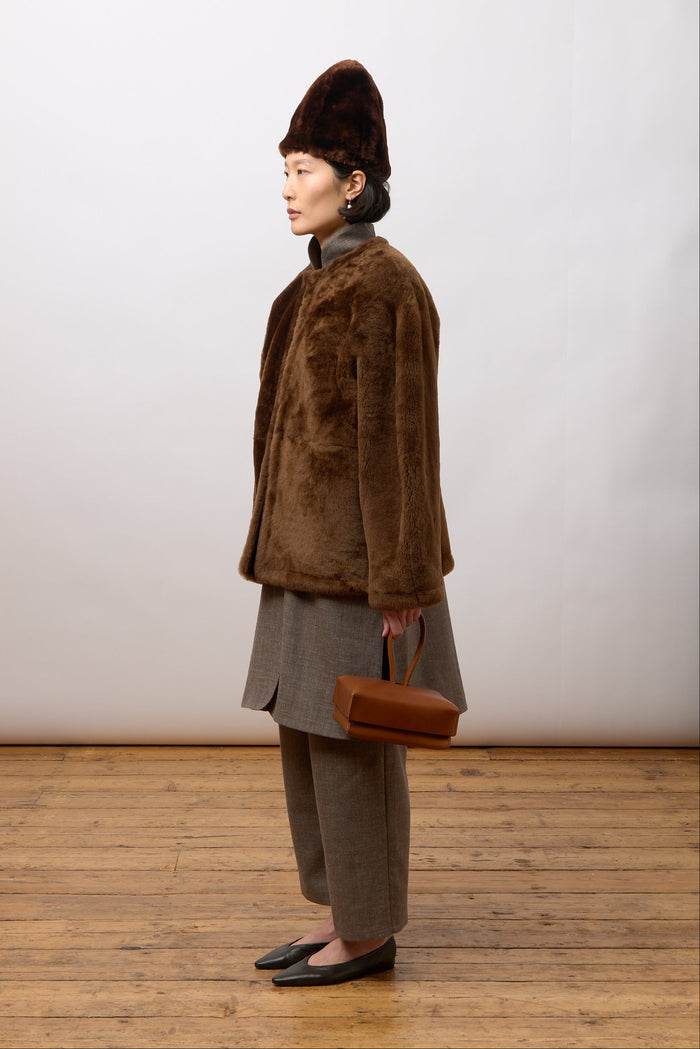 Mila Collarless Jacket - Walnut Shearling