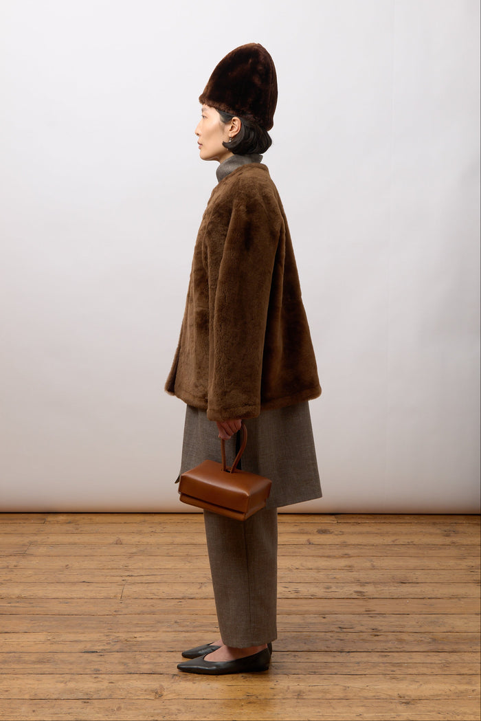 Mila Collarless Jacket - Walnut Shearling