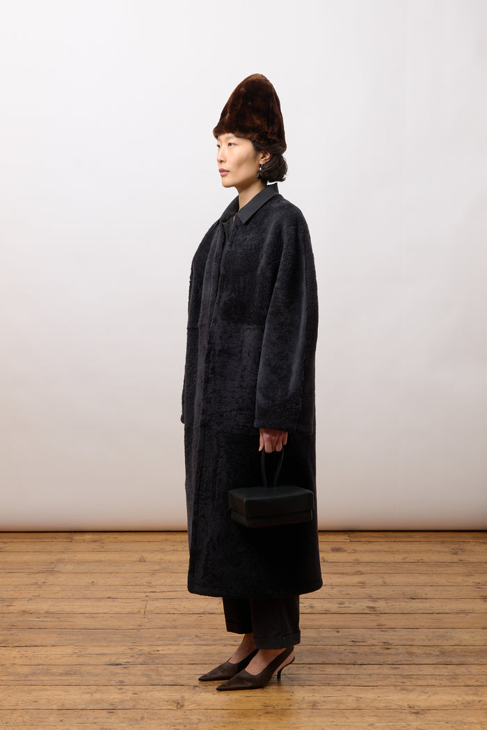 Mila Long Collarless Jacket - Iron Shearling