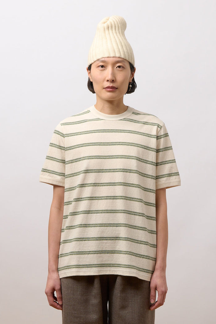 Unisex Short Sleeve T Shirt - Ecru/Green/Blue Stripe