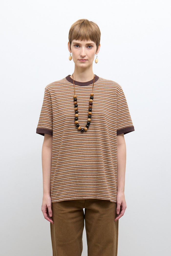 Unisex Japanese Jersey Short Sleeve T Shirt - Brown Stripe