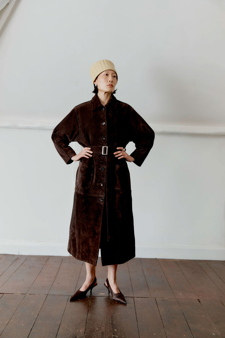 CALF SUEDE LONG QUINN COAT