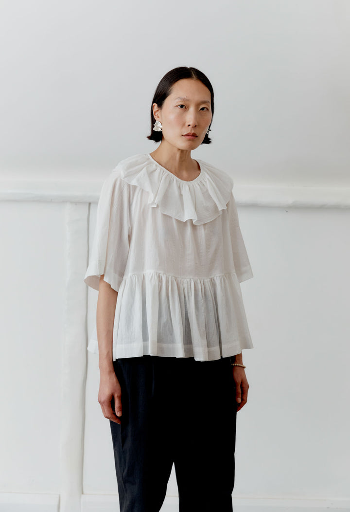 JAPANESE WASHED DOBBY CHAMBRAY FRILL DELILAH TOP
