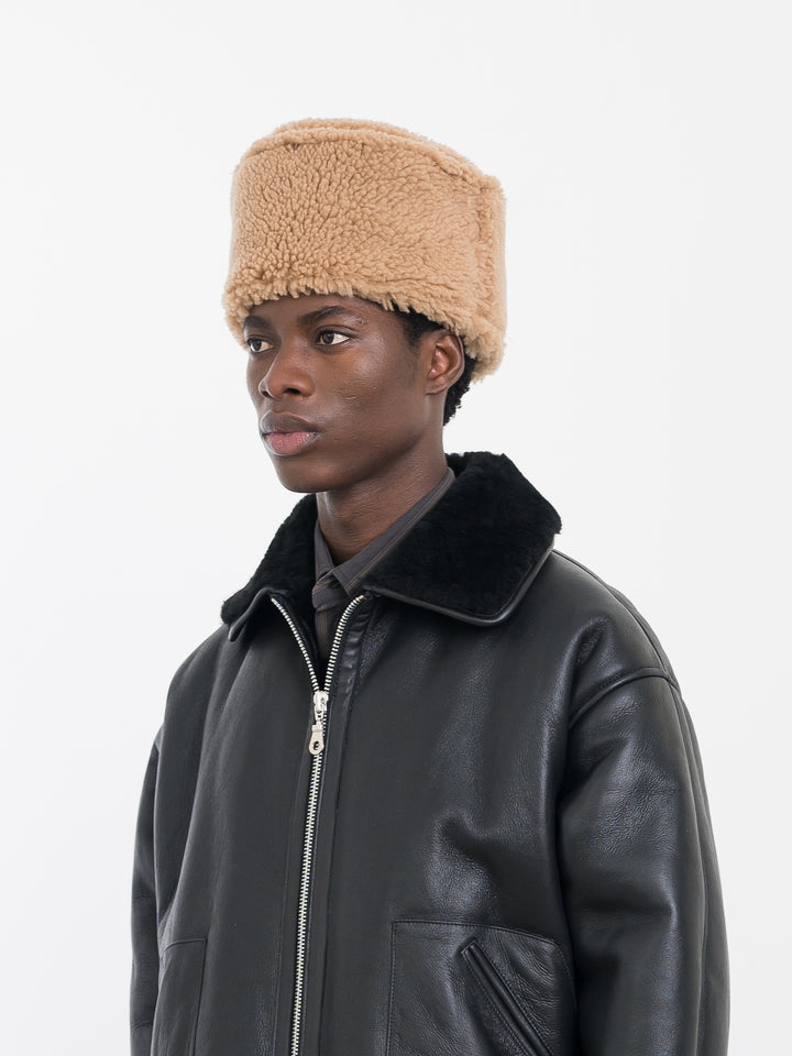 TAN LEATHER BACK CURLY HAIR PILLBOX HAT