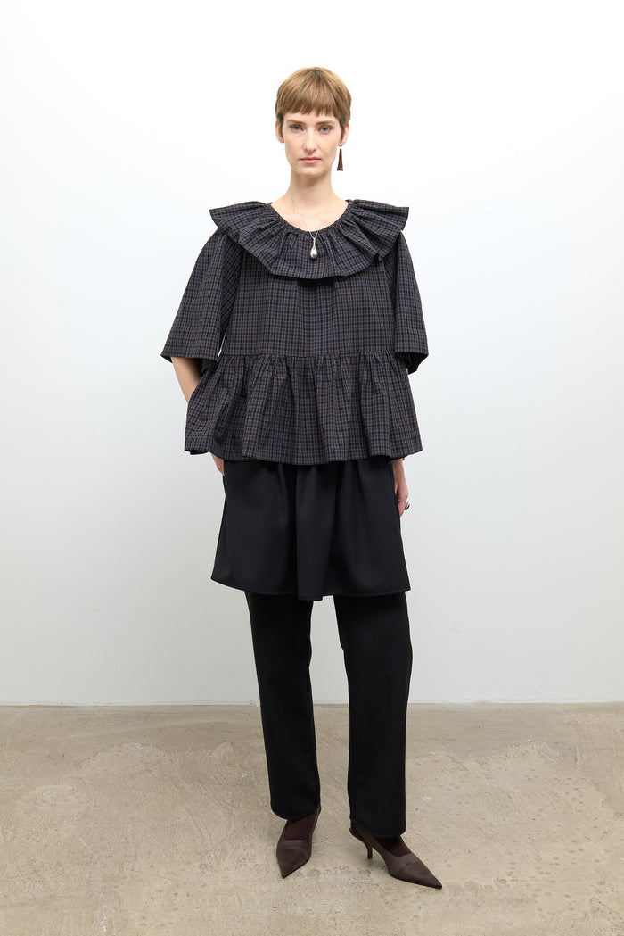 Delilah Frill Top - Ink/Smoke Check