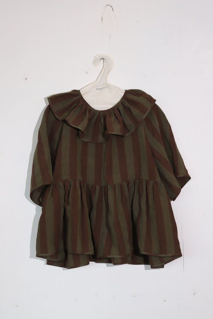 IRISH LINEN DELILAH FRILL TOP - FOREST/CHOCOLATE