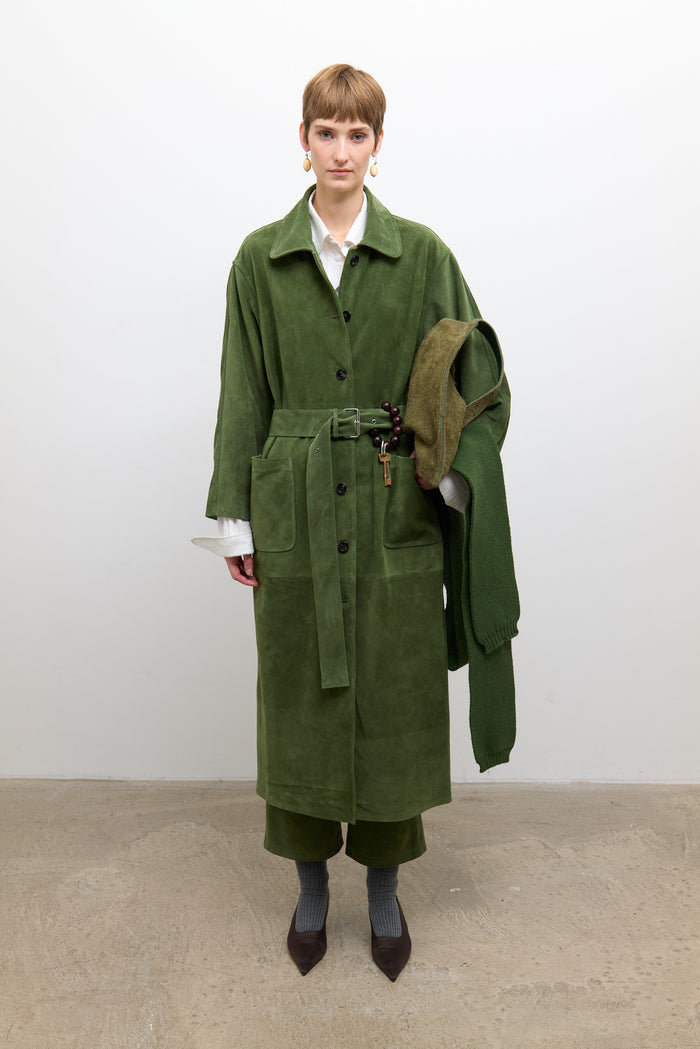 Long Quinn Coat - Olive Suede