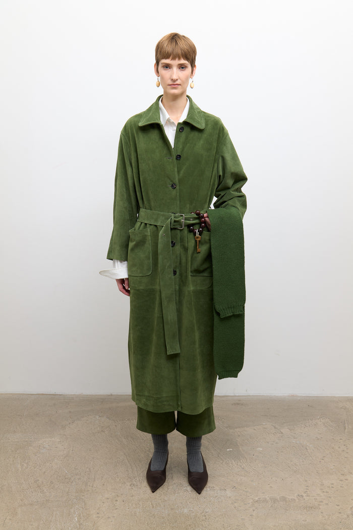 Long Quinn Coat - Olive Suede