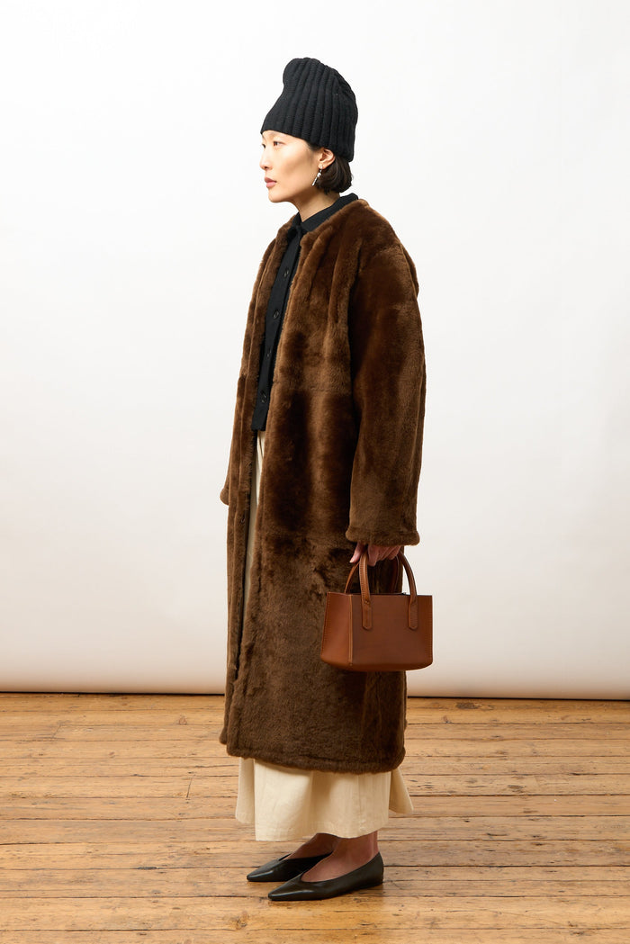 Mila Long Collarless Jacket - Walnut Shearling