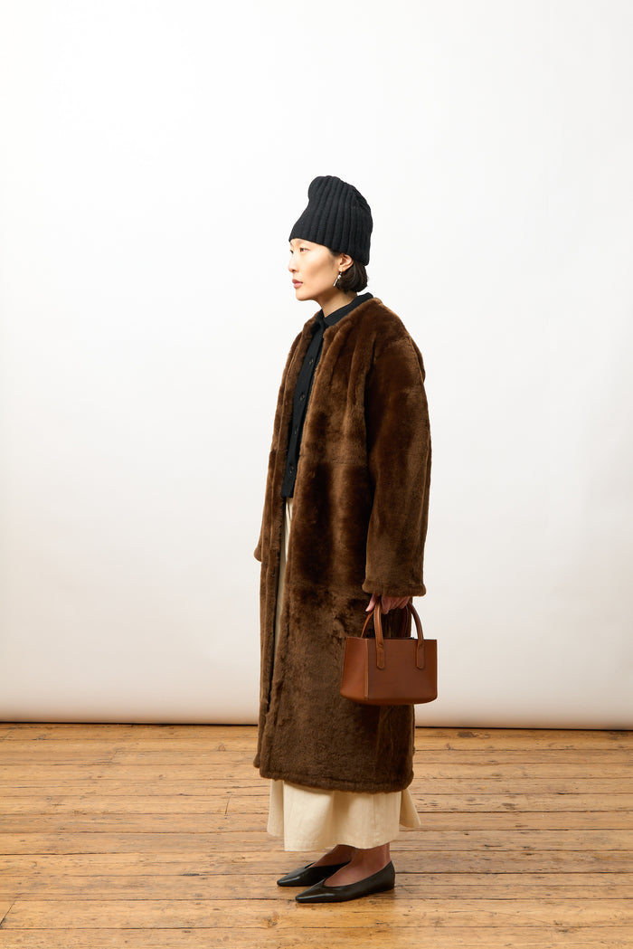 Mila Long Collarless Jacket - Walnut Shearling