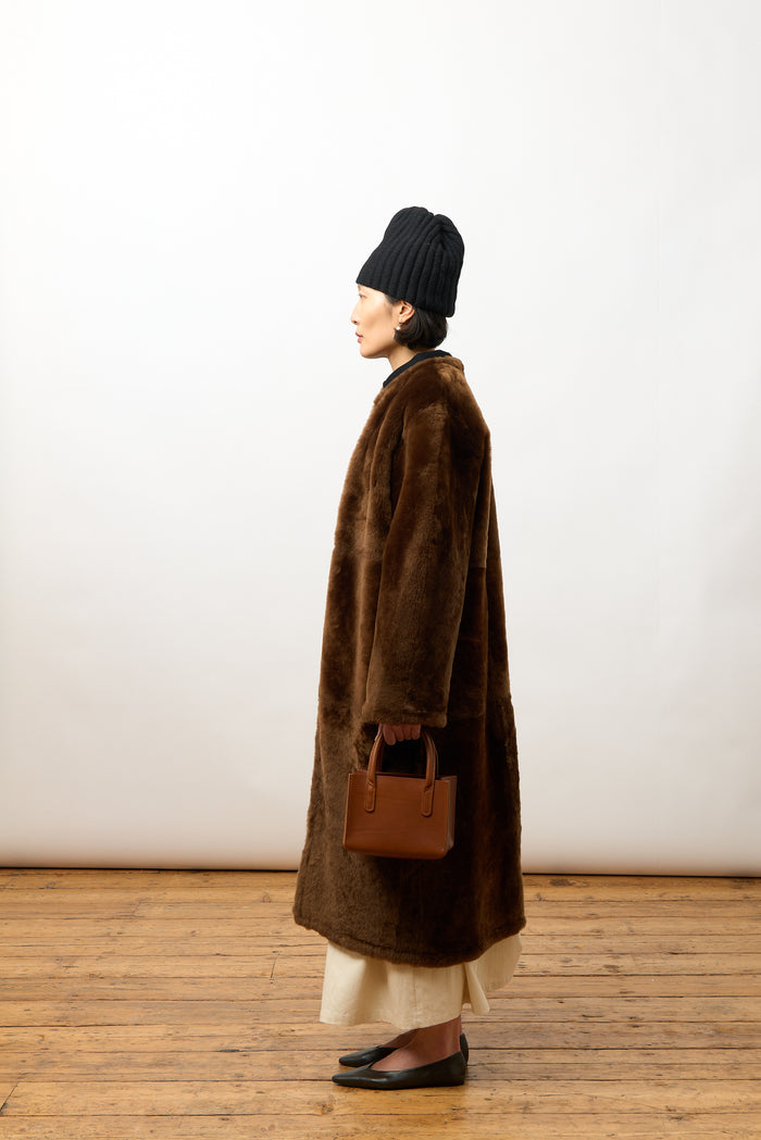 Mila Long Collarless Jacket - Walnut Shearling