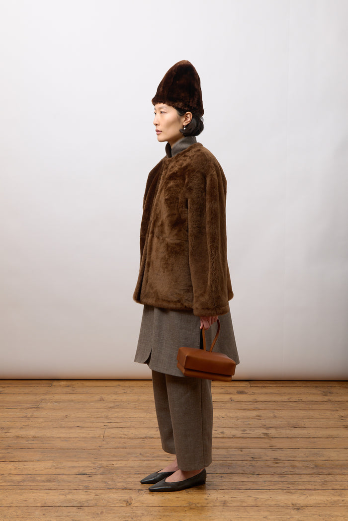 Mila Collarless Jacket - Walnut Shearling