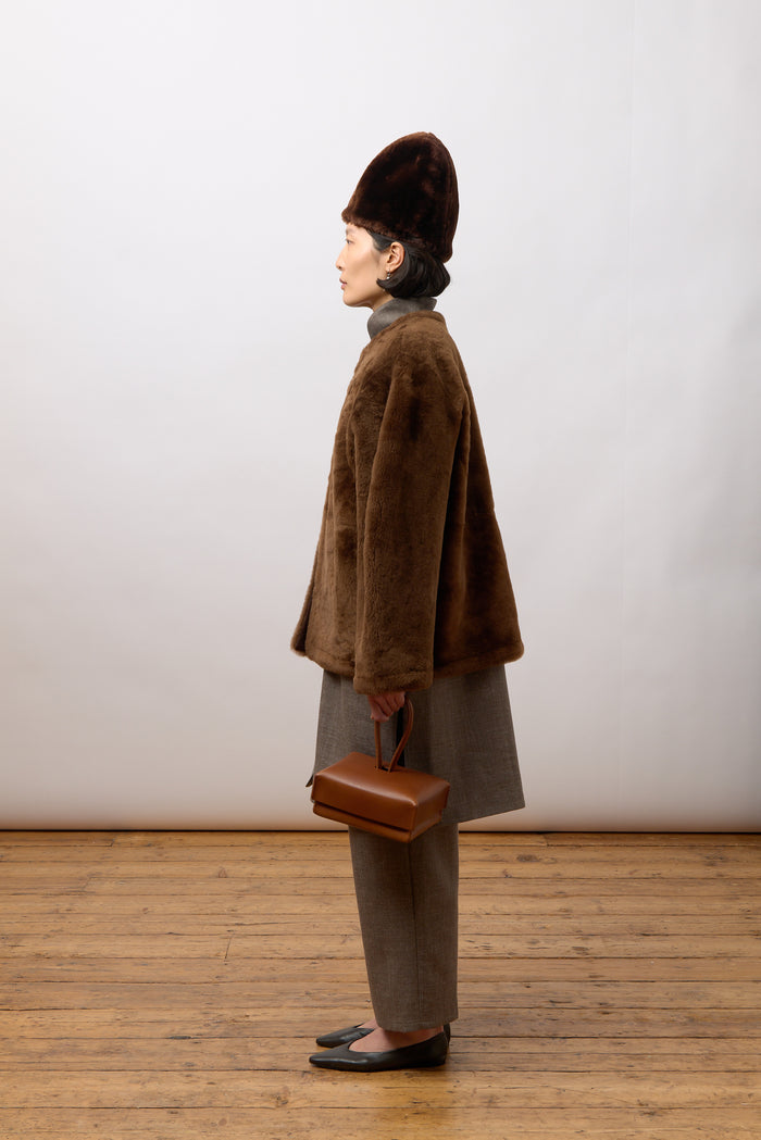 Mila Collarless Jacket - Walnut Shearling