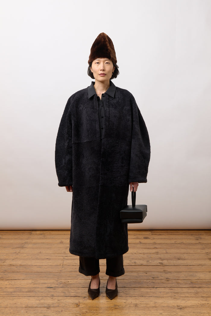 Mila Long Collarless Jacket - Iron Shearling