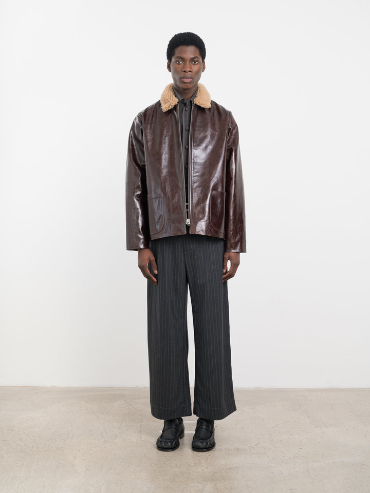 LEATHER ZIP UP SANDY JACKET WITH CURLY COLLAR