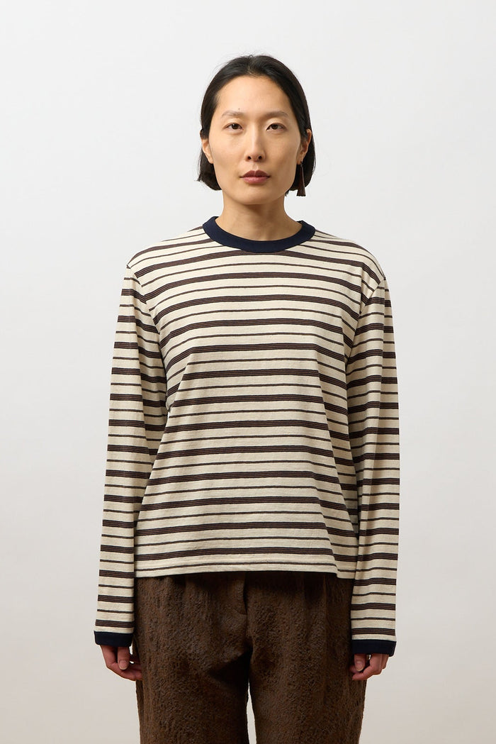 Unisex Long Sleeve T Shirt - Ecru/Navy/Ochre Stripe