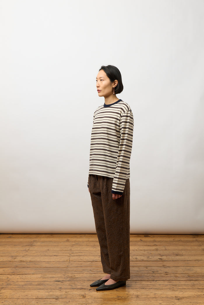 Unisex Long Sleeve T Shirt - Ecru/Navy/Ochre Stripe