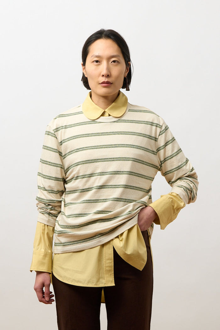Unisex Long Sleeve T Shirt - Ecru/Green/Blue Stripe