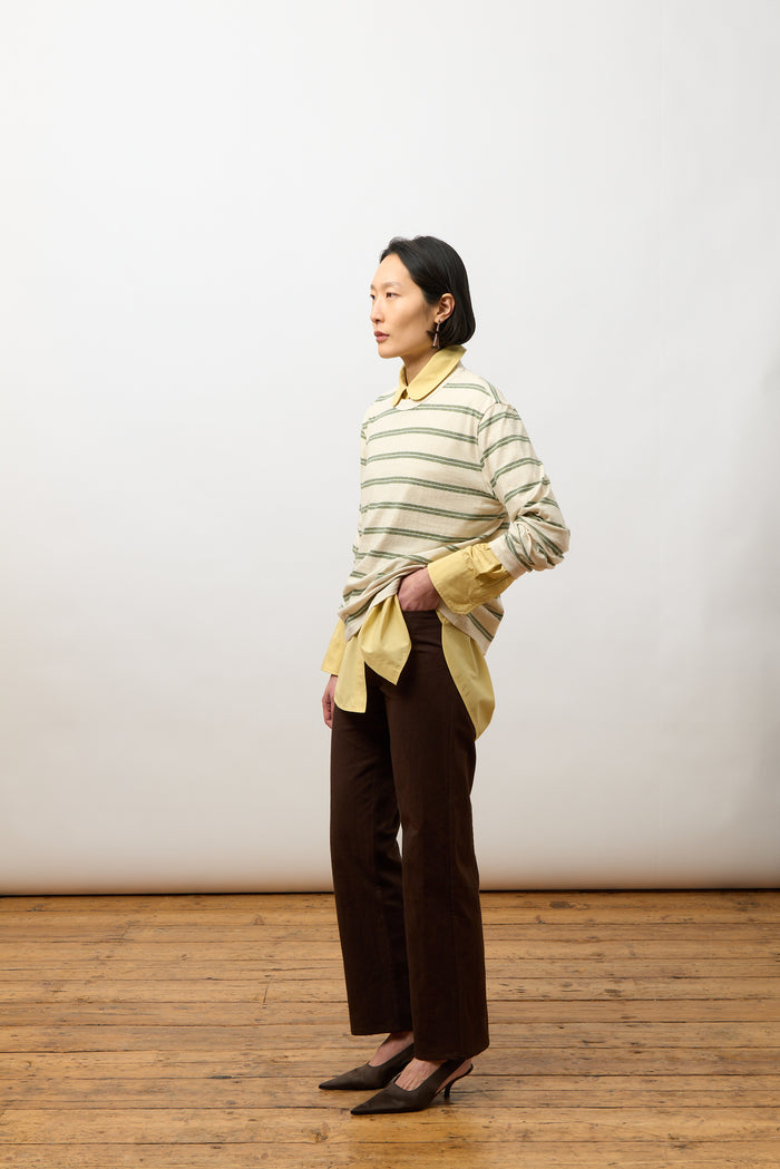 Unisex Long Sleeve T Shirt - Ecru/Green/Blue Stripe
