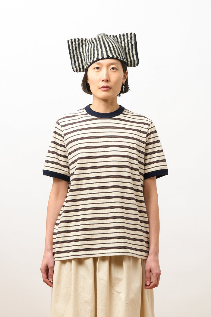 Unisex Short Sleeve T Shirt - Ecru/Navy/Ochre Stripe
